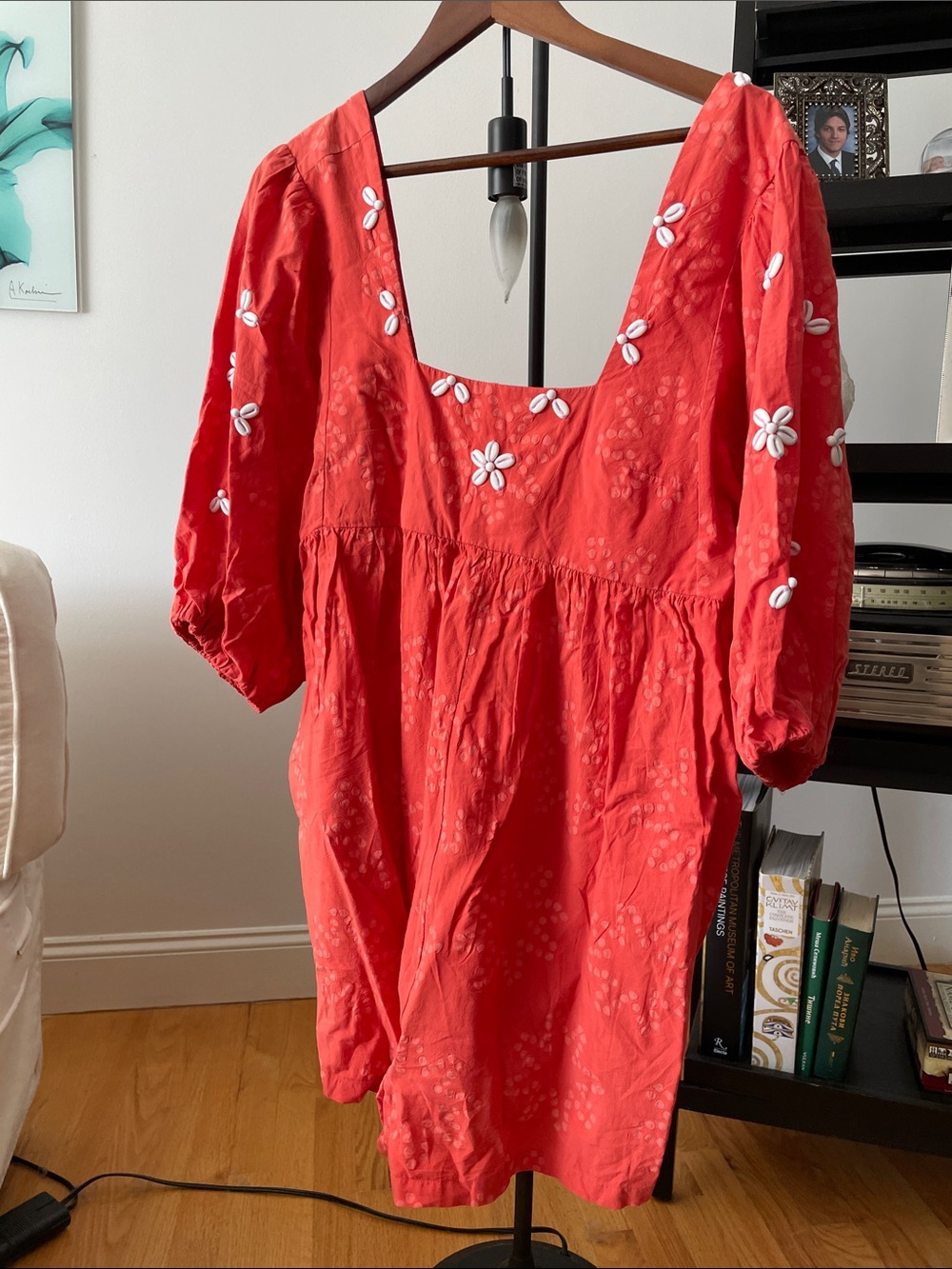 Women’s Red Floral Embroidered Square-Neck Dress